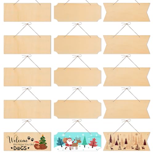 15 Pieces Unfinished Hanging Wood Sign Rectangle Blank Hanging Decorative Wood Plaque Wooden Slices Banners with Ropes for Pyrography Painting BAPHILE
