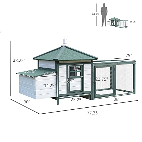 PawHut 77" Wooden Chicken Coop with Nesting Box, Cute Outdoor Hen House with Removable Tray, Ramp Run, for Garden Backyard, Green - WoodArtSupply