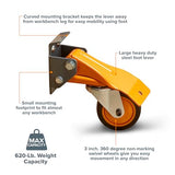 BORA Heavy Duty Workbench 4-Caster Set for Workshop Mobility, Swivel, Locking 155 pound Non-marking Rubber 3-inch Wheels, Total Weight Capacity of Bora