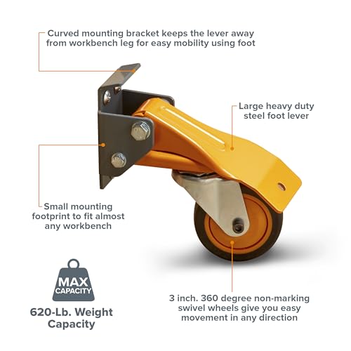 BORA Heavy Duty Workbench 4-Caster Set for Workshop Mobility, Swivel, Locking 155 pound Non-marking Rubber 3-inch Wheels, Total Weight Capacity of - WoodArtSupply