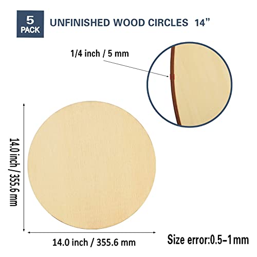 [Upgraded] 5 Pieces 1/4" Thick 14 Inch Round Wood Circles,Unfinished Round Wooden Discs Wood Rounds Plaque Circle Wood Boards Cutouts for Door