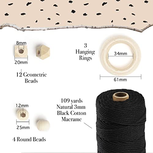 Macrame Kit-Black Edition-Makes 3 Macrame Plant Hangers with Easy to Follow Instructions for Adult Beginners - Includes 109 Yards 3mm Cotton Macrame Aesthetic Creative