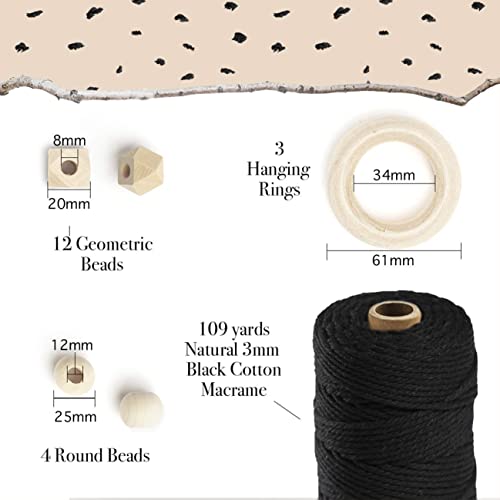 Macrame Kit-Black Edition-Makes 3 Macrame Plant Hangers with Easy to Follow Instructions for Adult Beginners - Includes 109 Yards 3mm Cotton Macrame - WoodArtSupply