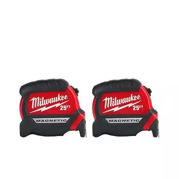 Milwaukee 25 ft. x 1-1/16 in. Compact Magnetic Tape Measure with 15 ft. Reach (2-Pack) - WoodArtSupply