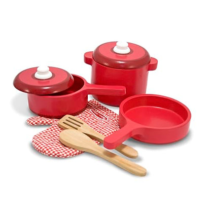 Melissa & Doug Deluxe Wooden Kitchen Accessory Set - Pots & Pans (8 pcs) , Green , H: 12 x W: 12 x D: 5 - WoodArtSupply