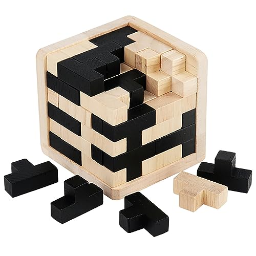 Wooden Brain Teaser Puzzle Cube Wooden Puzzles T-Shaped Jigsaw Logic Puzzle Educational Toy for Kids and Adults by AHYUAN (Black and Natural) - WoodArtSupply