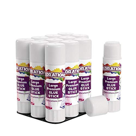Colorations® Large Premium White Washable Glue Sticks in a Tray, Set of 12, 0.88 oz each, Glues Dries Clear & is Acid Free, Non Toxic & Washable Colorations