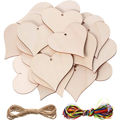 24 Pieces 4 Inch Natural Handmade Blank Wooden Heart Slices with Holes with 2m Natural Rope and 15 Colors 3 mm High Density Polyester Ribbon for Jetec
