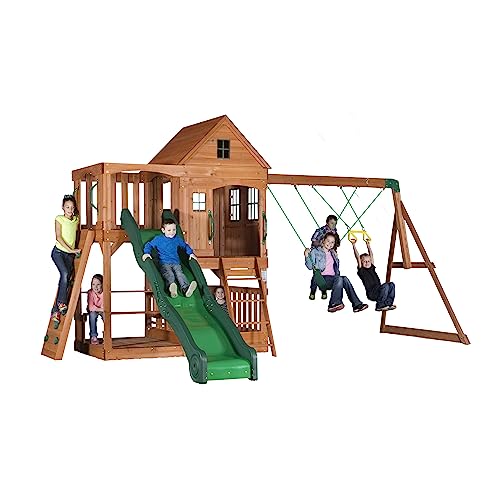 Backyard Discovery Hillcrest All Cedar Wooden Swing Set, Upper Covered Fort, Lower Playhouse, Picnic Area, Sandbox, Step Ladder, 10 ft Wave Slide, Backyard Discovery