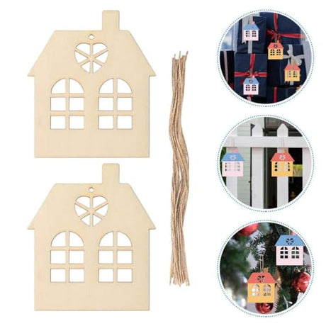 Tofficu 10Pcs House Wood Cutouts Wooden House Shaped Craft Shapes Unfinished Wood Embellishment Slices Hanging Ornaments with Ropes Gift Tags for DIY Tofficu