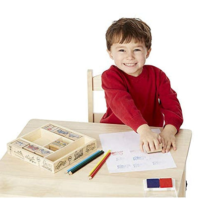 Melissa & Doug Wooden Stamp Set: Vehicles - 10 Stamps, 5 Colored Pencils, 2-Color Stamp Pad - WoodArtSupply