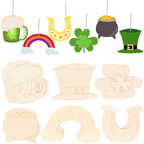 24 Pieces St Patrick’s Decorations Unfinished Wooden Cutouts Ornaments DIY Wood Shamrock Clover St. Patrick's Day Hanging Embellishments with Ropes LOKESI
