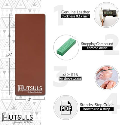 Hutsuls Brown Leather Strop with Compound - Get Razor-Sharp Edges with Stropping Kit, Green Honing Compound & Vegetable Tanned Two Sided Knife - WoodArtSupply