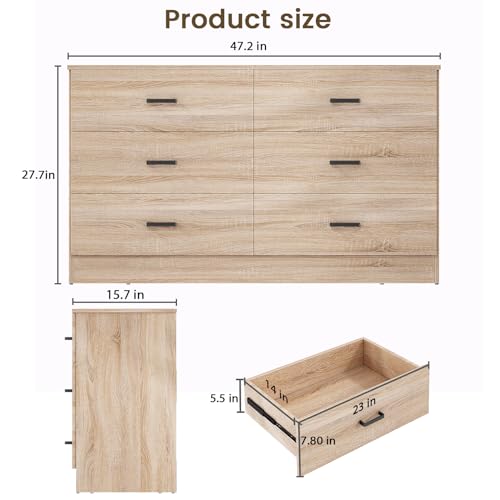 Bigbiglife Wood Dresser for Bedroom, 6 Drawer Double Dresser with Metal Handles, 15.8" D x 47.2" W x 27.7" H, Light Oak Bigbiglife