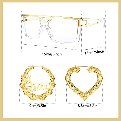 HAIAISO 80s/90s Hip Hop Queen Costume Kit for Women Sunglasses Bamboo Hoop Earrings Chunky Queen Pendant Cuban Chain Necklace Bracelet Rapper DJ HAIAISO