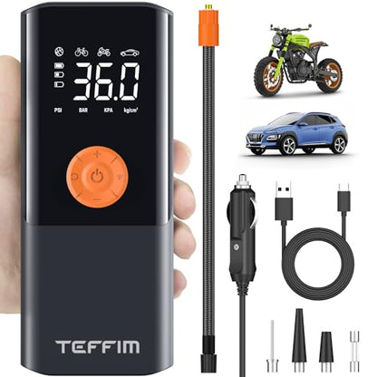 Teffim Portable Tire Inflator - Car Air Compressor with Digital Pressure Gauge - 150 PSI - Motorcycle, Electric Bike, and Bicycle Pump with LED Light