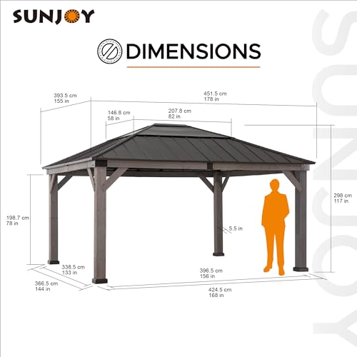 Sunjoy Hardtop Gazebo 13 x 15 ft. Upgrade Cedar Framed Wood Gazebo, Outdoor Patio Gazebo with Black Steel and Polycarbonate Hip Roof and Ceiling - WoodArtSupply