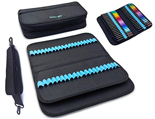 TOOLI-ART Marker & Pen Carrying Case -120 Slots, Canvas, Extra Pockets, Trolley Sleeve, Removable Shoulder Strap, For Most Markers (up to 15mm TOOLI-ART