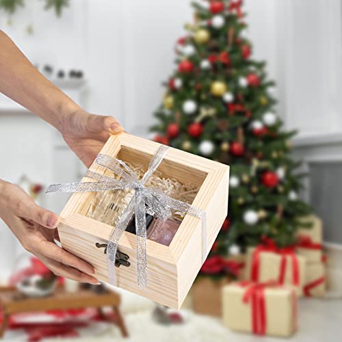 Useekoo Wooden Box with Hinged Lid, 5.9'' x 5.9'' x 3.9'' Unfinished Wood Keepsake Storage Box with glass lid, Wooden Jewelry Box for Gift and Home Useekoo