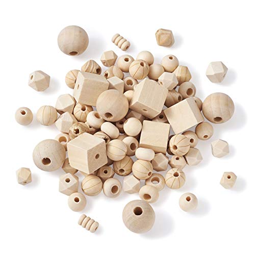 Craftdady 150pcs Unfinished Geometric Wooden Loose Beads Natural Unpainted Round Polygon Cube Rondelle Column Wood Spacer Beads for Craft Jewelry Craftdady