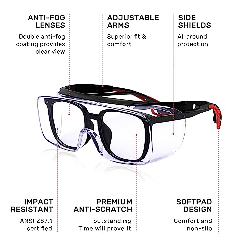 MORELKE Safety Glasses Fit Over Eyeglasses, Anti-Fog & Scratch Resistant Lenses,ANSI Z87 Certified,Eye Protection for Lab,Woodworking (red/black) MORELKE