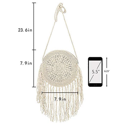 Goclothod Women Crochet Fringed Shoulder Bag Cotton Tassel Crossbody Bag Hippie Beach Purse Off-white - WoodArtSupply