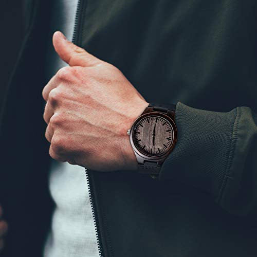 KOSTING Engraved Mens Handmade Vintage Analog Quartz Personalized Wooden Watches Custom Men Watch with Cowhide Leather Strap Sleek Ebony Wood - WoodArtSupply