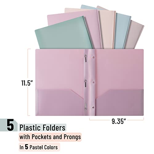 Mr. Pen- Plastic Folders with Pockets and Prong, 5 Pack, Muted Pastel Colors, Pocket Folders, File Fasteners, 2 Folder, Two Mr. Pen