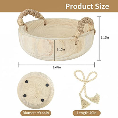 Paulownia Wood Bowl Rustic Wooden Dough Bowl for Decor Decorative Round Serving Key Bowl with Rope Handle and Wood Bead Garland for Christmas