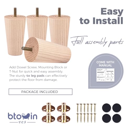 Btowin VCF 6 inch / 15cm Ash Wood Furniture Legs, 4Pcs Mid-Century Modern Unfinished Wooden Tapered Replacement Feet with 5/16'' Hanger Bolts & Btowin VCF