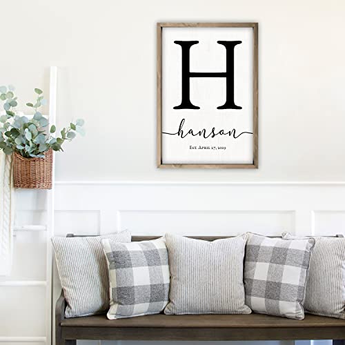 Framed Wooden Family Name Sign Personalized Wood Monogram Choose from Four Sizes (12" x 18", Weathered Grey Frame, White Background) MRC Wood Products