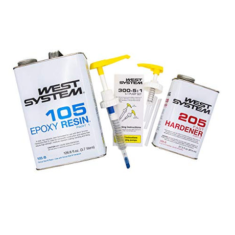 WEST SYSTEM 105B Epoxy Resin (126.6 fl oz) Bundle with 205B Fast Epoxy Hardener (27.5 fl oz) and 300 Mini Pumps Epoxy Metering 3-Pack Pump Set (3 West System