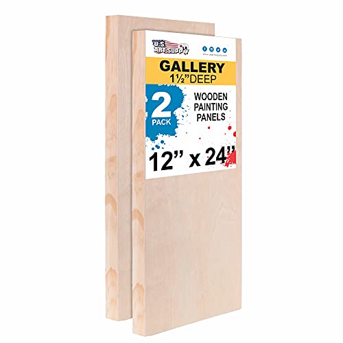 U.S. Art Supply 12" x 24" Birch Wood Paint Pouring Panel Boards, Gallery 1-1/2" Deep Cradle (Pack of 2) - Artist Depth Wooden Wall Canvases -