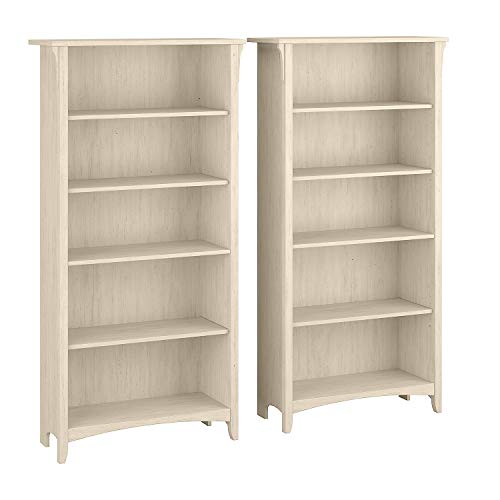 Bush Furniture Salinas 5 Shelf Bookcase - Set of 2 | Large Open Bookcase with 5 Shelves in Antique White | Sturdy Display Cabinet for Library, Bedroom, Living Room, Office | Tall Accent Shelf