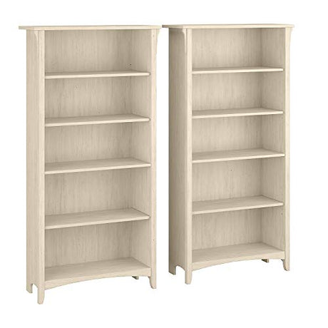 Salinas Antique White 5-Shelf Bookcase Set - Elegant Storage Solution for Any Room Bush Furniture