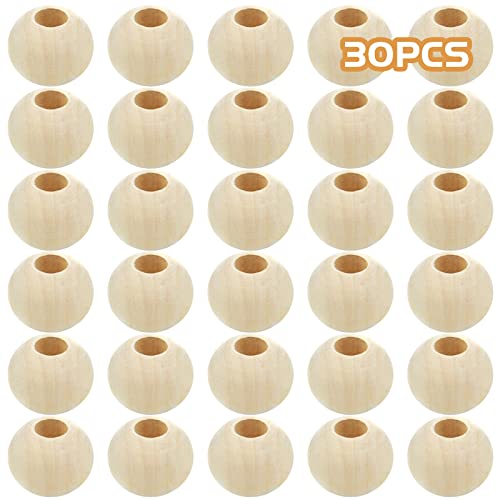 30pcs 25mm Unfinished Natural Wood Beads Large Hole Round Wooden Beads Wood Loose Spacer Beads Jewelry Making Accessory for DIY Crafts Garland - WoodArtSupply