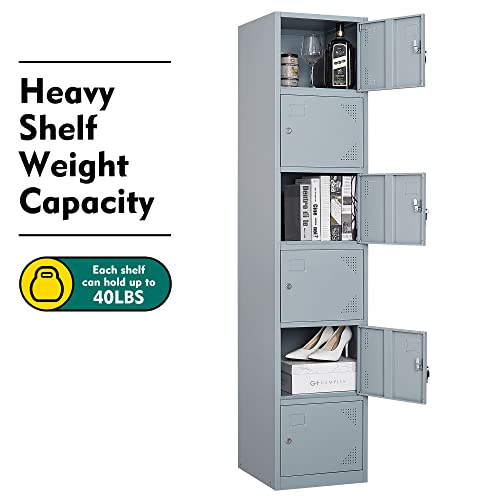 Yizosh Metal Locker with 6 Doors, Tall Steel Storage Lockers for Employees - 71" Locker Storage Cabinets for School, Gym, Home, Office, Garage (Grey) - WoodArtSupply