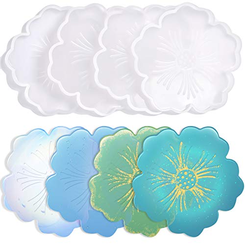 Silicone Coaster Molds, CCOZN 4 PCS Flower Silicone Coaster Molds Coaster for Epoxy Resin Agate Coaster Cup Mat Molds for Resin Casting Silicone CCOZN
