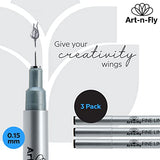 Art-n-Fly Ultra Fine Tip 003 Black Inking Pens 3 Pack with Waterproof Archival Ink Pen Fineliner - No Bleed Fine Point Pens for Bullet Journaling, Art-n-Fly
