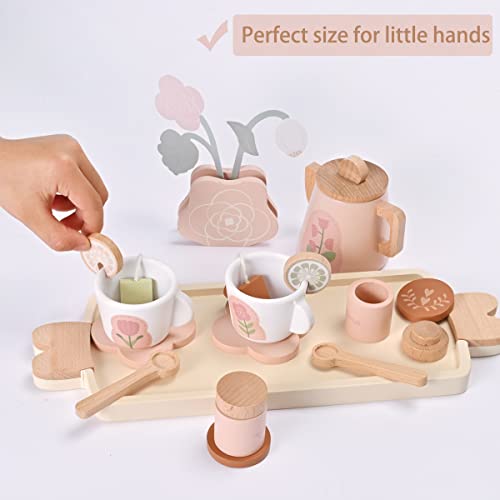 MONT PLEASANT Wooden Tea Set for Little Girls, Wooden Toys, Toddler Tea Set Toy, Play Kitchen Accessories Set, Montessori Toys, Kids Play Kitchen - WoodArtSupply