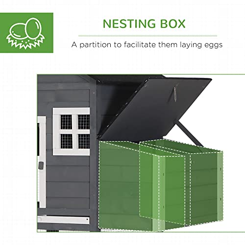 PawHut 84" Wooden Chicken Coop, Hen House Outdoor with Run Nesting Box, Asphalt Roof, Removable Tray, Ramp, Poultry Cage for 2-3 Chickens, Gray PawHut