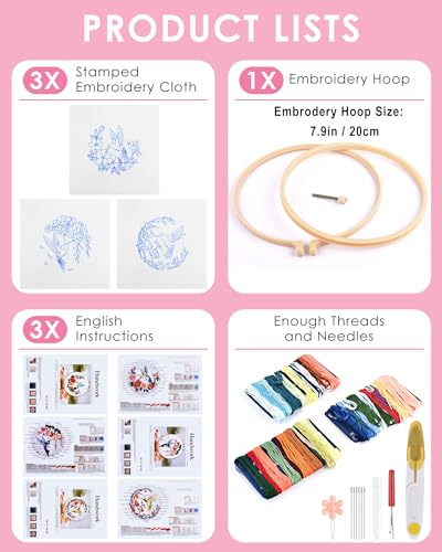 TINDTOP 3 Sets Embroidery Kit for Adult for Beginners, Hummingbird and Flower Embroidery Kit for Beginners Include Embroidery Cloth Hoops Threads for TINDTOP