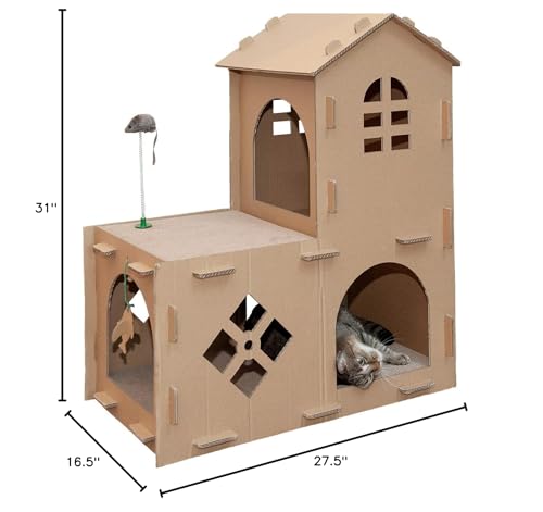Furhaven Multi-Level Cardboard Cat House w/ Catnip for Indoor Cats, Ft. Scratching Pads & Toys - Farmhouse Corrugated Cat Scratcher Hideout - Furhaven