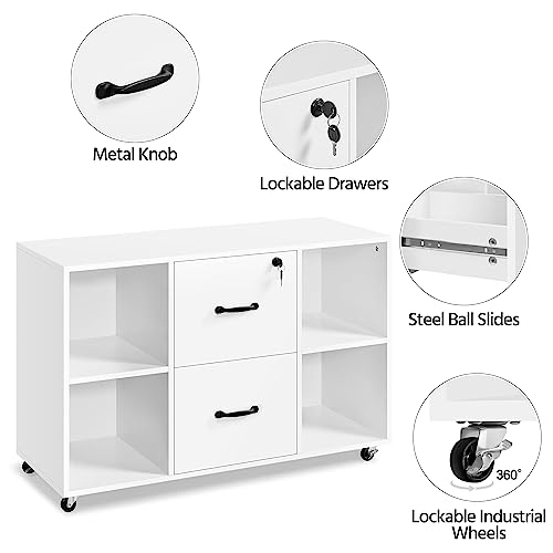 Yaheetech White File Cabinet Mobile Letter Size File Cabinet with 2 Drawers and 4 Open Storage Shelves Large Mobile Lateral Filing Cabinet Printer