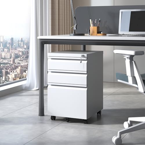 EKJ 3 Drawer Mobile File Cabinet, White Metal Under Desk Filing Cabinets with Wheels, Locking Slim Vertical File Cabinet for Home Office, Fully EKJ
