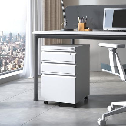 EKJ 3 Drawer Mobile File Cabinet, White Metal Under Desk Filing Cabinets with Wheels, Locking Slim Vertical File Cabinet for Home Office, Fully - WoodArtSupply