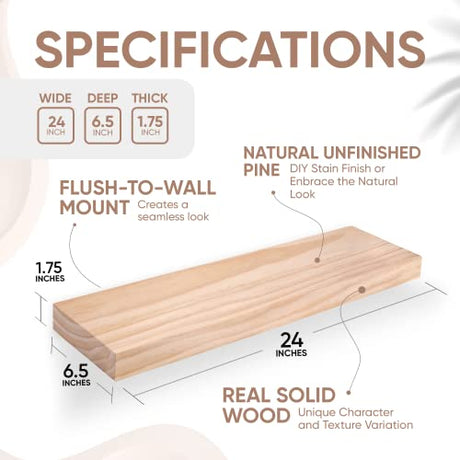 Homeforia Rustic Farmhouse Floating Shelves, Bathroom Wooden Shelves for Wall Mounted, Thick Industrial Kitchen Wood Shelf - 24 x 6.5 x 1.75 inch - Homeforia
