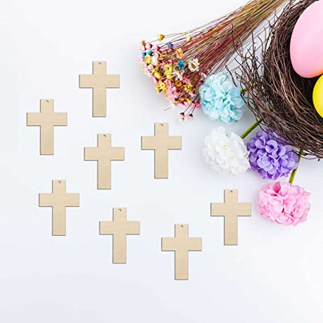 30pcs Mini Cross Wood DIY Crafts Cutouts 2" Wooden Cross Shaped Hanging Ornaments with Jute Twines Gift Tags for Easter Halloween Holiday Party Creaides