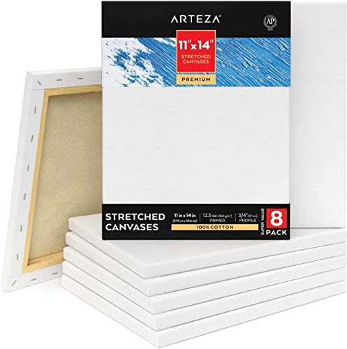 Arteza Paint Canvases for Painting, Pack of 8, 11 x 14 Inches, Blank White Stretched Canvas Bulk, 100% Cotton, 12.3 oz Gesso-Primed, Art Supplies for ARTEZA