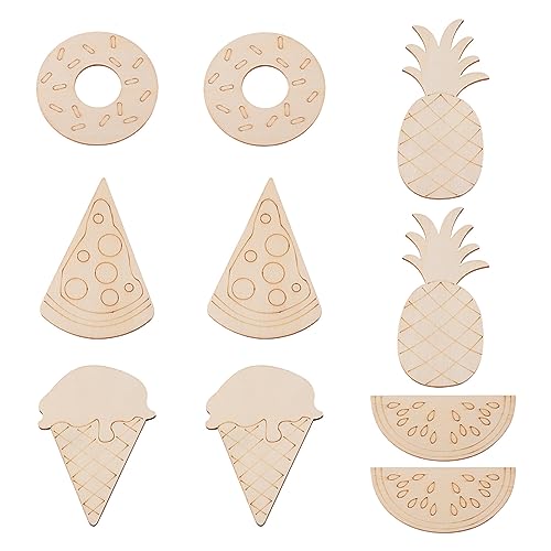 Pandahall 25Pcs Unfinished Summer Theme Wood Slices Watermelon Ice Cream Pineapple Pizza Doughnut Wooden Cutouts Cabochons for Painting DIY Vocation PH PandaHall